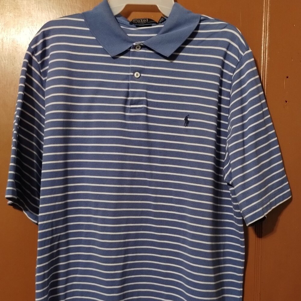 POLO RALPH LAUREN SHORT SLEEVE BLUE AND WHITE STRIPED SHIRT-SIZE LARGE-GOLF FIT